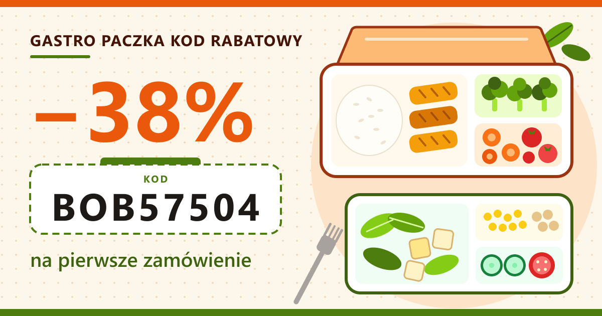 Gastro Paczka kod rabatowy BOB57504 – 38% zniżki na pierwsze zamówienie, ilustracja pudełek lunchowych z ryżem, warzywami i tofu